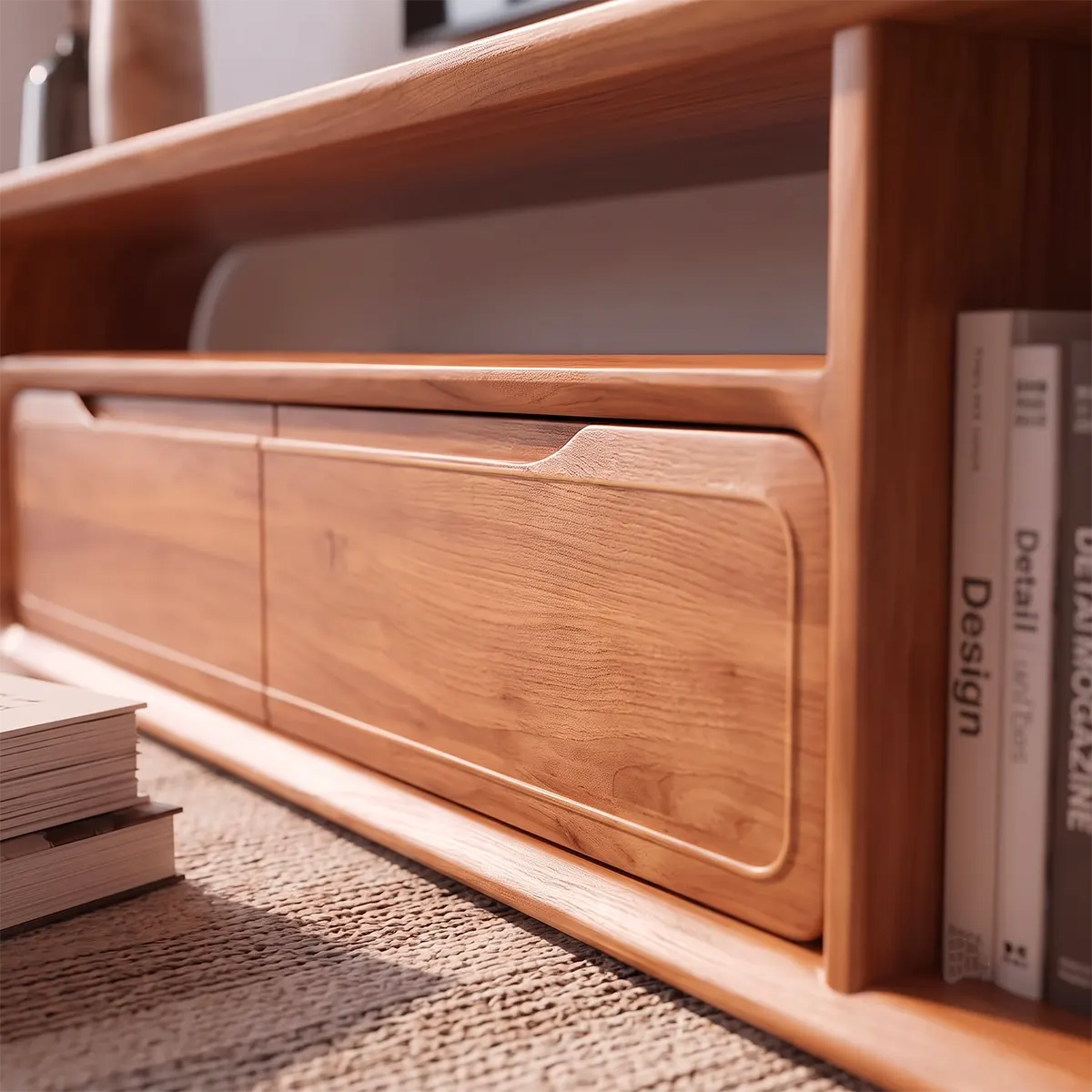 Modern Sculptural TV Stand with 2 Drawers & Open Storage | Curved Low Profile Media Console TT006-8OVX9CA