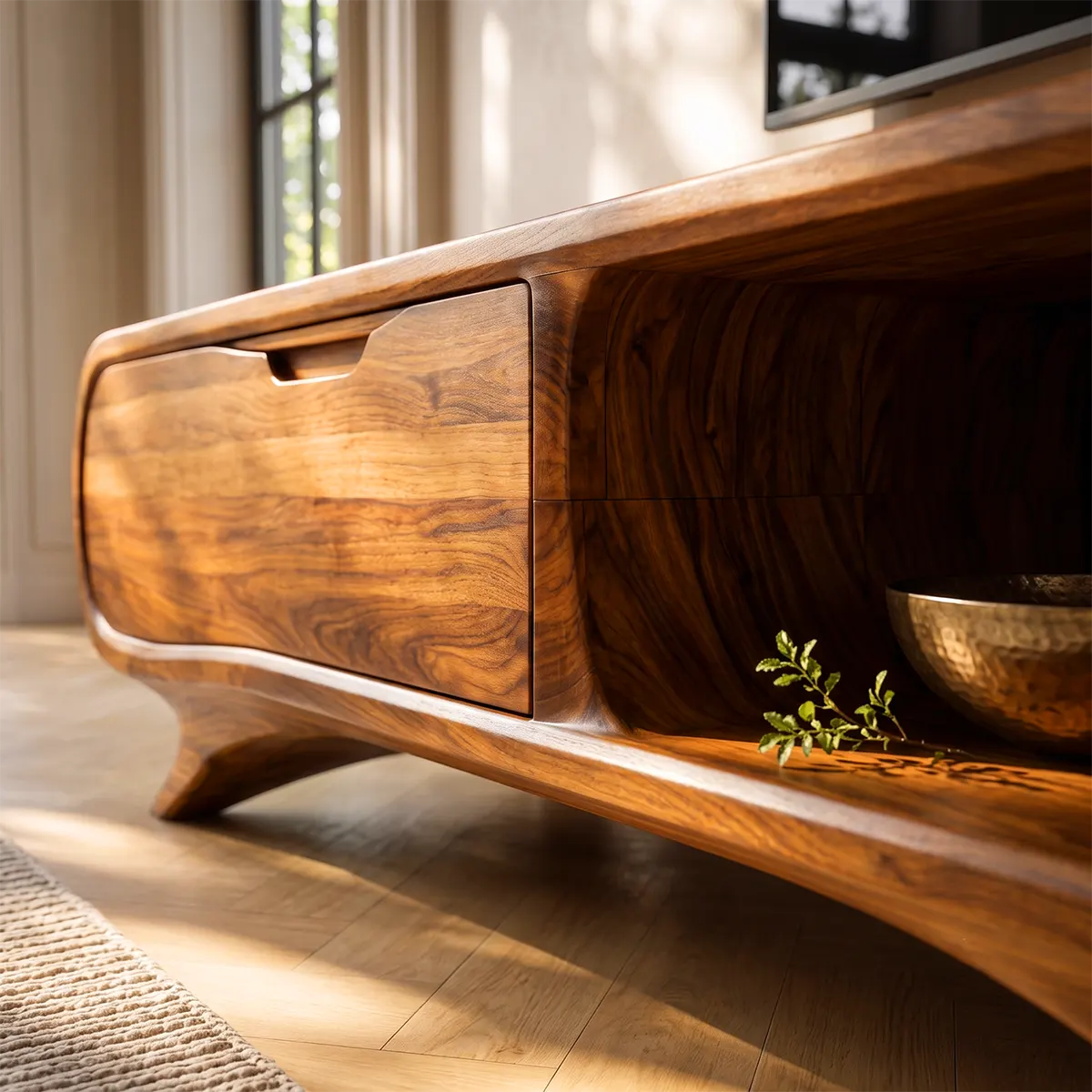 Modern Curved TV Stand with Large Drawer & Open Storage | Sculptural Media Console TT006-3JHB2OI