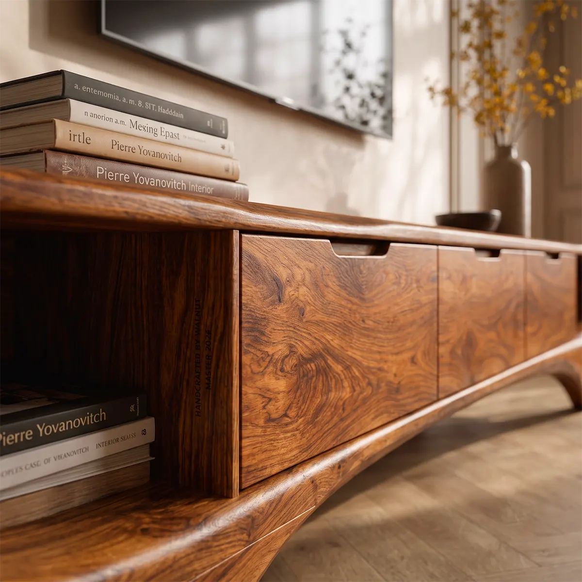 Modern Curved TV Stand with 3 Drawers & 2 Open Side Compartments TT006-3IYZ7XH