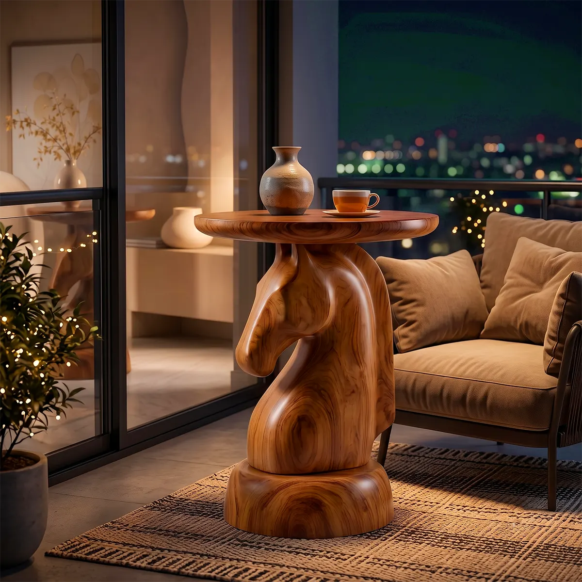 Sculptural Horse Head Wood End Table | Round Equestrian Accent Table TT006-7APR5UD