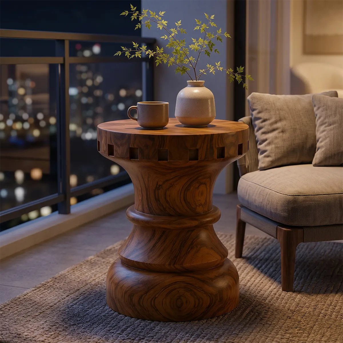 Sculptural Square Notch Wood End Table | Round Turned Pedestal Side Table TT006-7CML8BQ