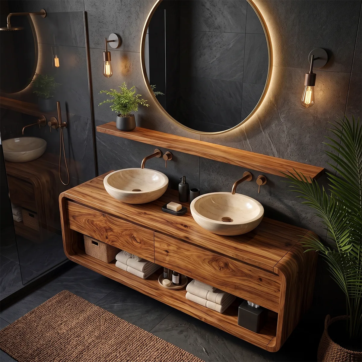 Floating Double Bathroom Vanity with 2 Drawers & Open Shelf | Rounded Organic Modern Design TT006-7NDV5OI