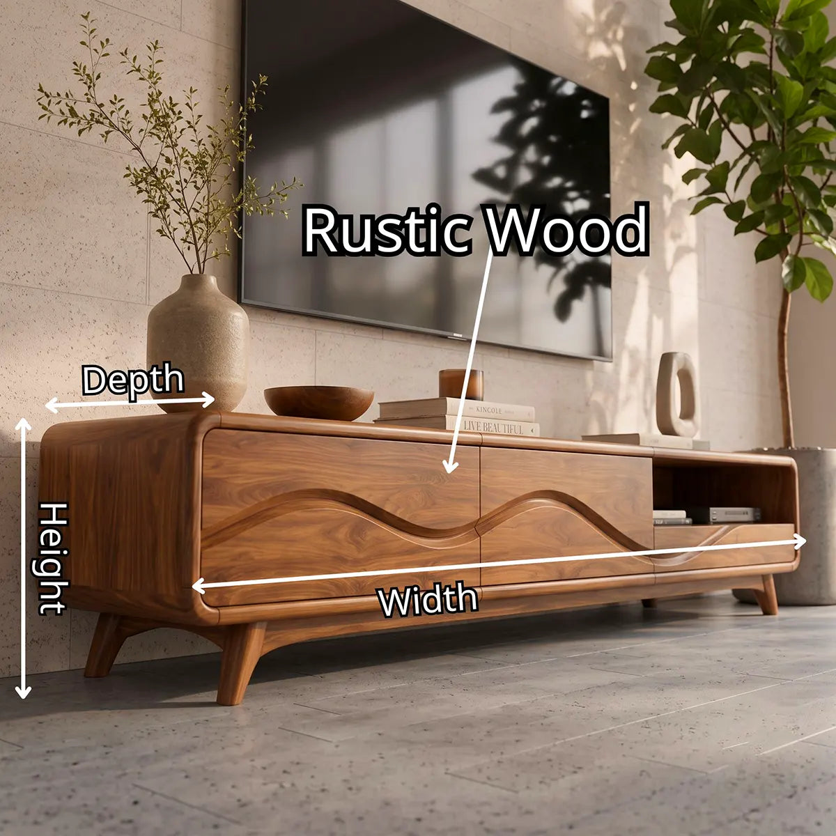 Modern TV Stand with 2 Enclosed Cabinets & Open Storage | Sculpted Wave Media Console TT006-9ORW3JY