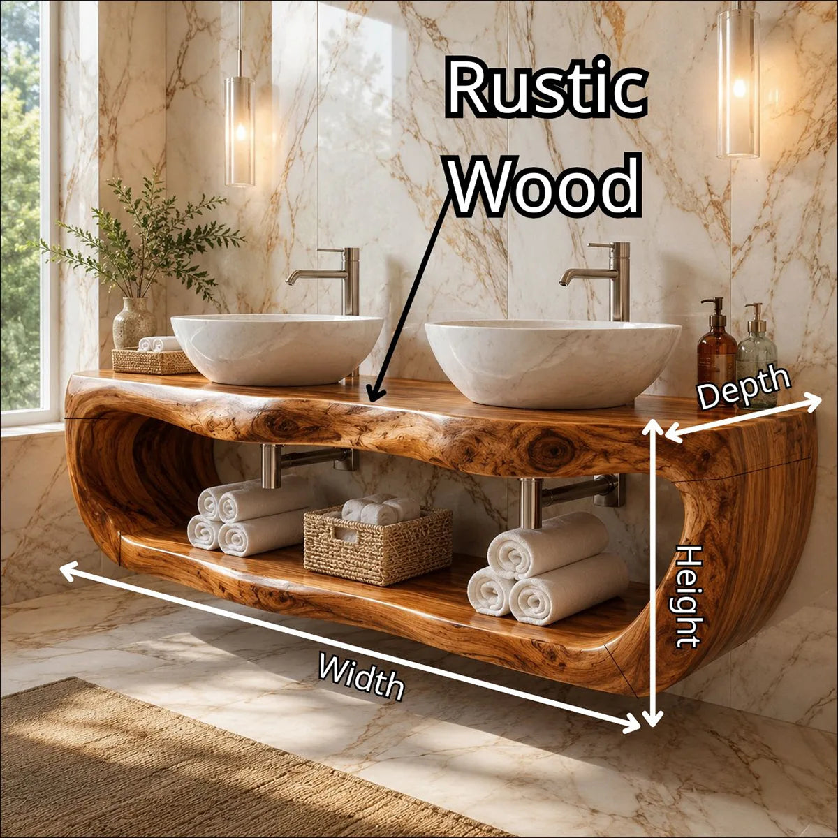 Floating Double Bathroom Vanity with Open Shelf | Sculptural Organic Edge Design TT006-7QQX8GI