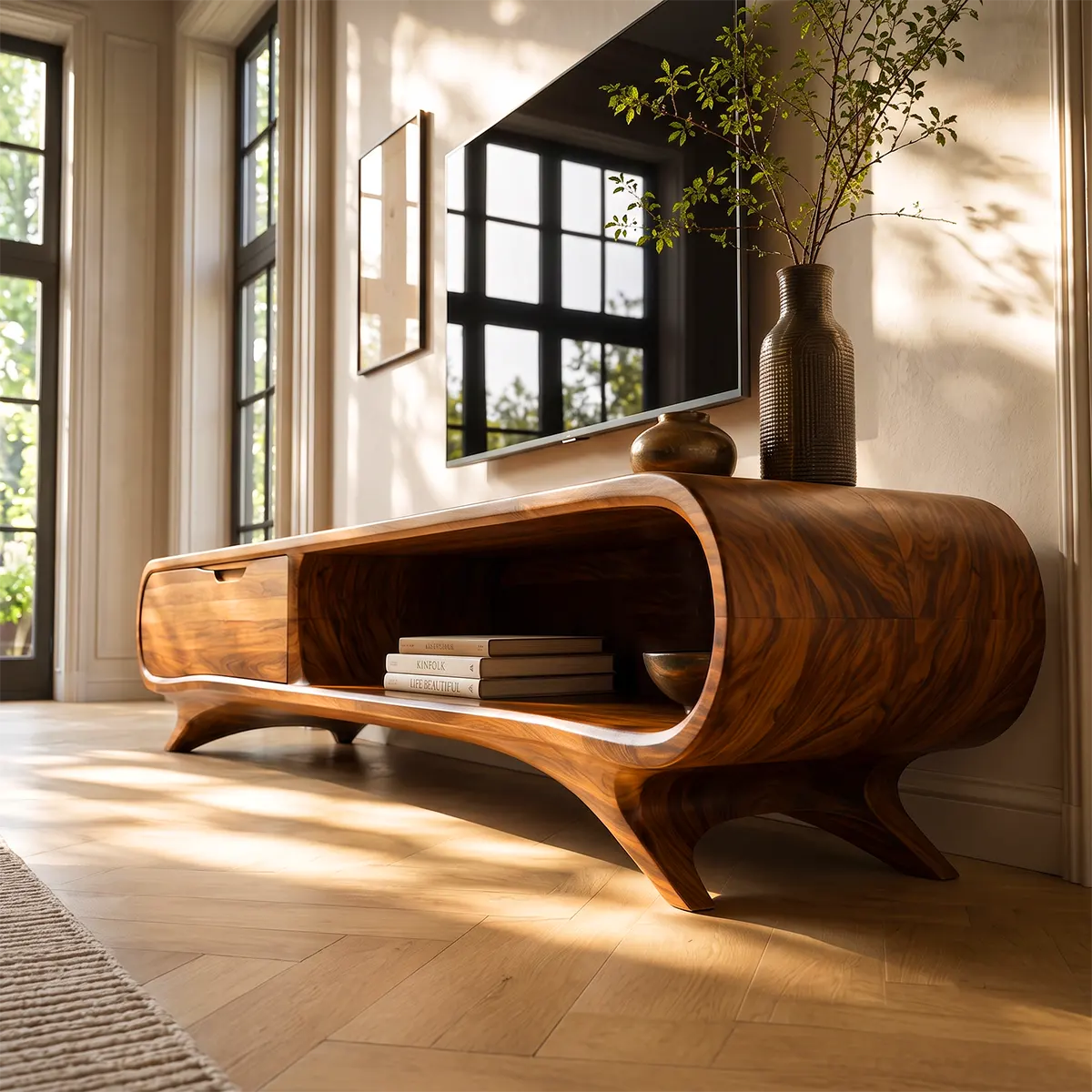 Modern Curved TV Stand with Large Drawer & Open Storage | Sculptural Media Console TT006-3JHB2OI