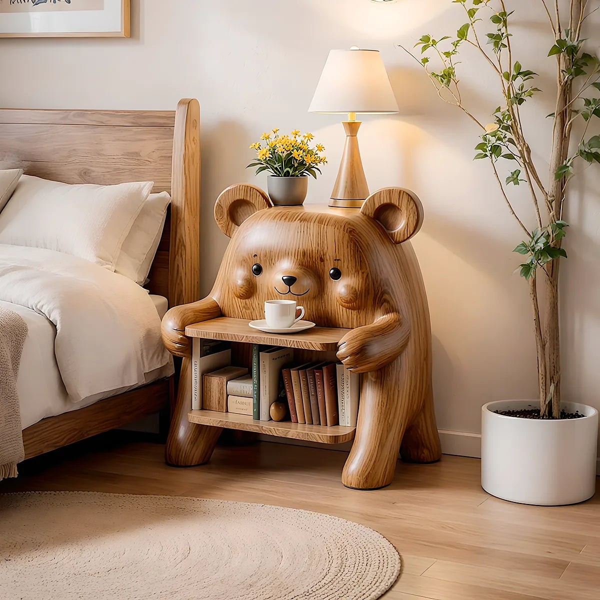 Whimsical Solid Wood Bear Side Table with Bookshelf for Kids’ Rooms & Cozy Homes HG021-4308