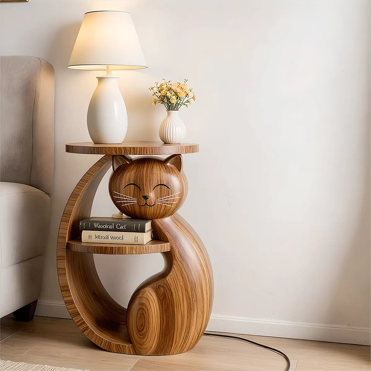 Whimsical Solid Wood Cat Side Table for Living Rooms & Cat Lovers HG021-4574