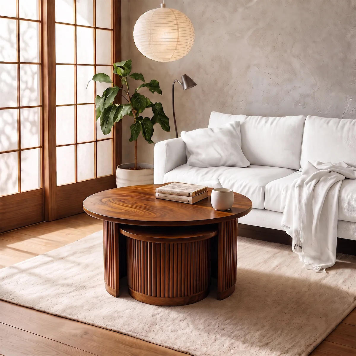 2-Piece Round Nesting Coffee Table Set with Fluted Base | Modern Space-Saving Center Tables HG021-9LVR6EA