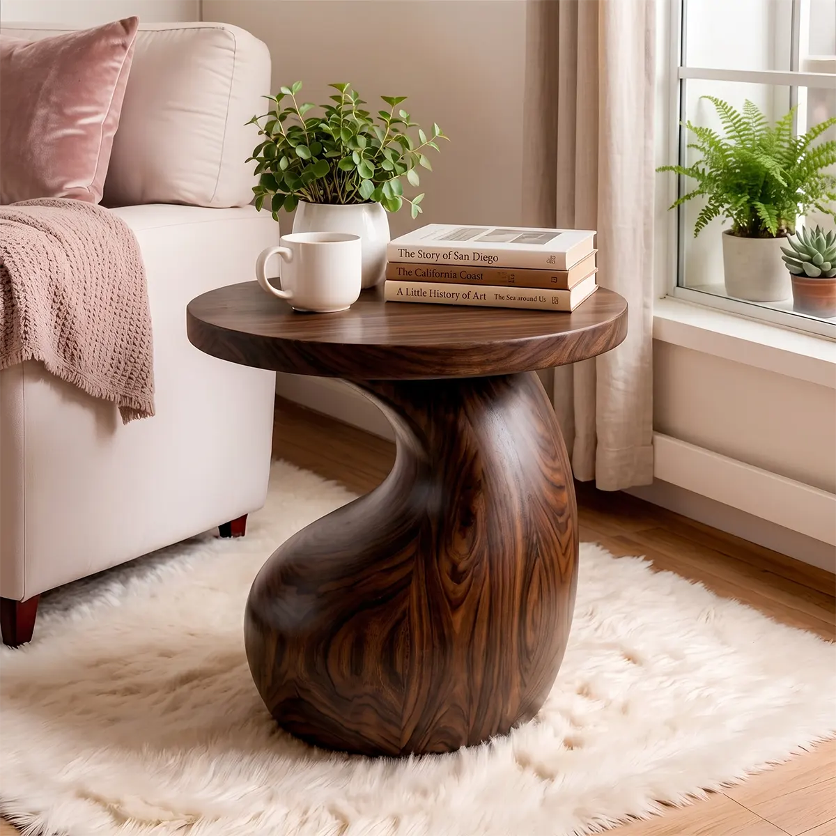Sculptural S-Curve Wood End Table | Round Organic Pedestal Side Table TT006-2YGL2AE