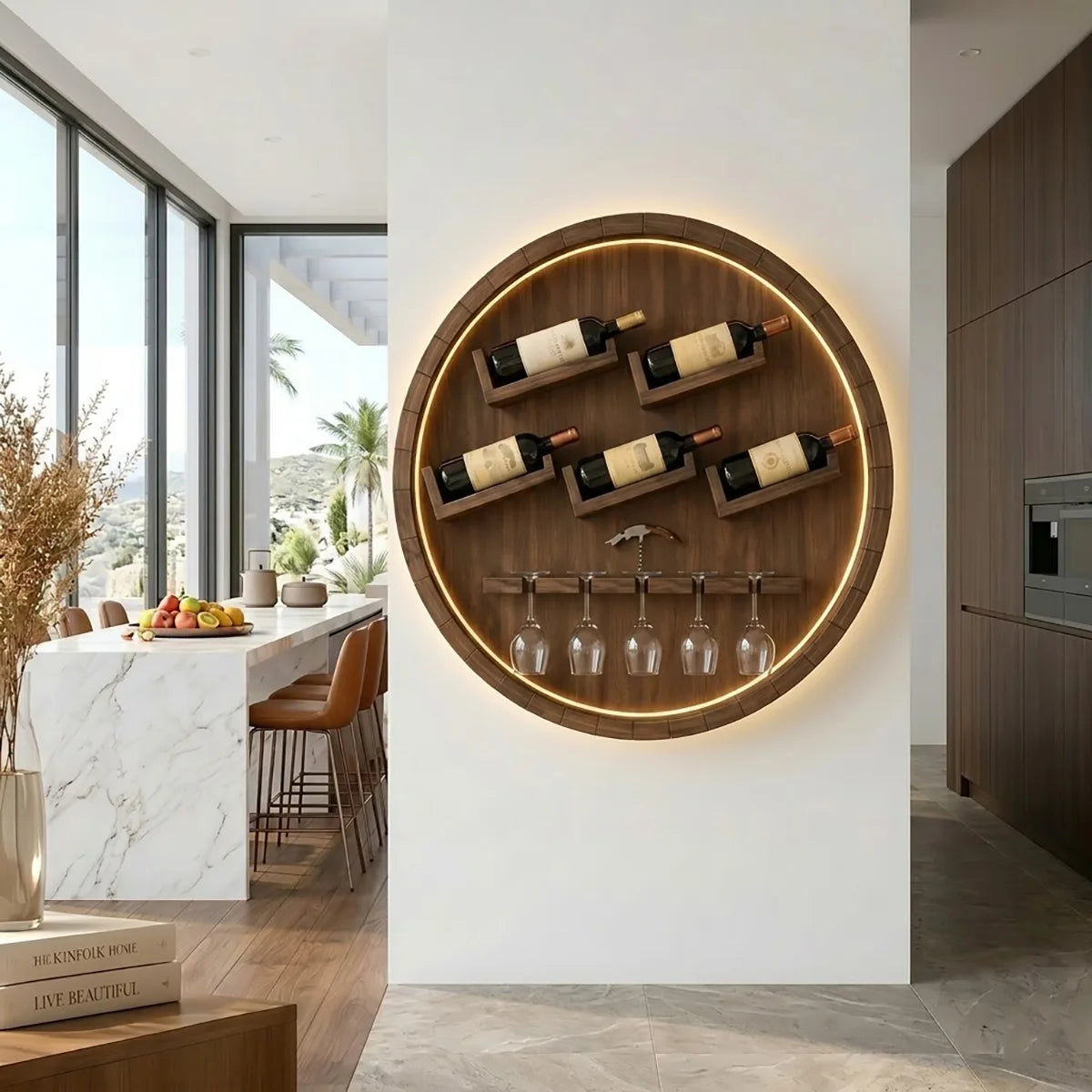 Round Solid Wood Wall Wine Rack with Glass Holder HG021-3468