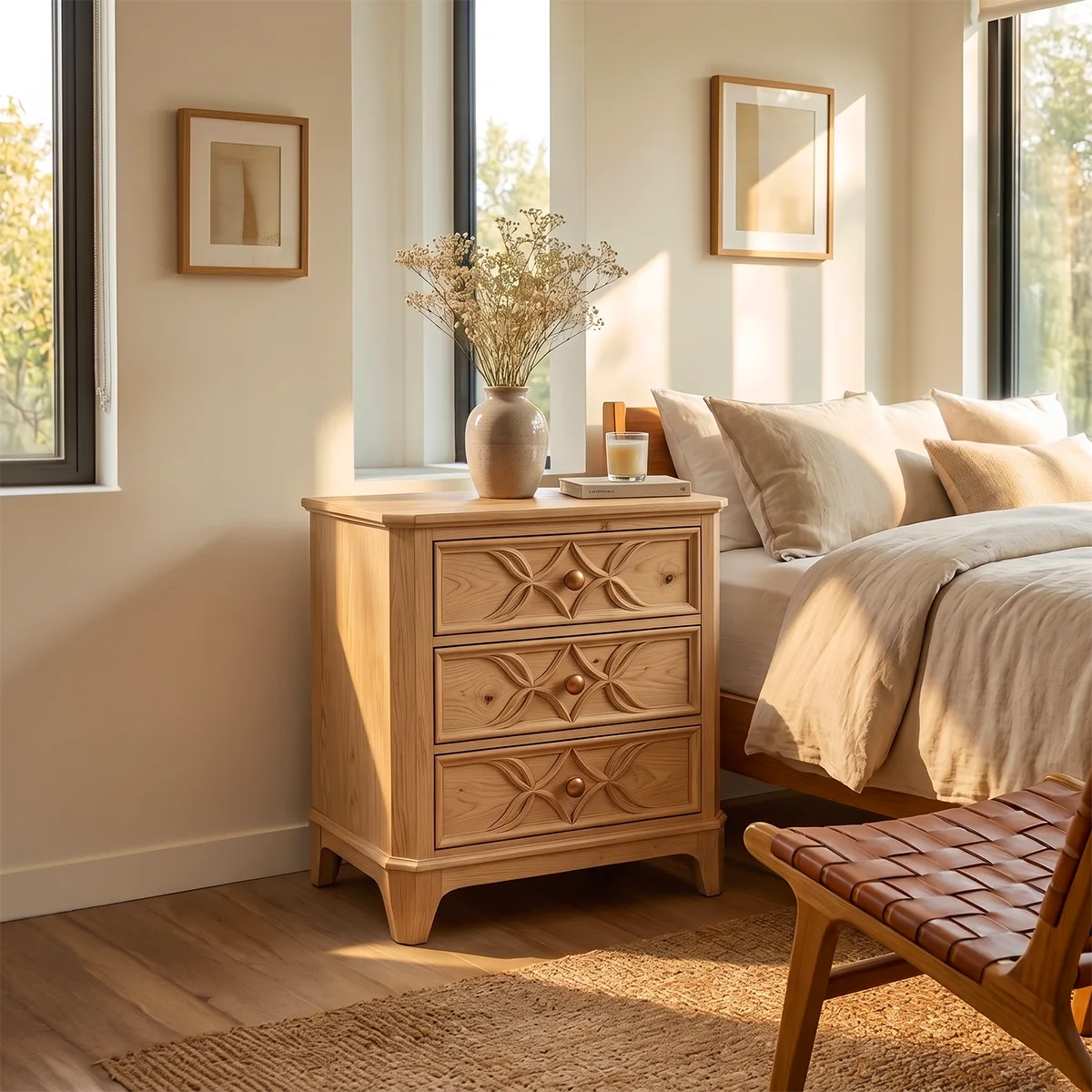 Carved 3-Drawer Nightstand | Decorative Bedside Table with Sculpted Geometric Fronts HG021-7GDR2YD