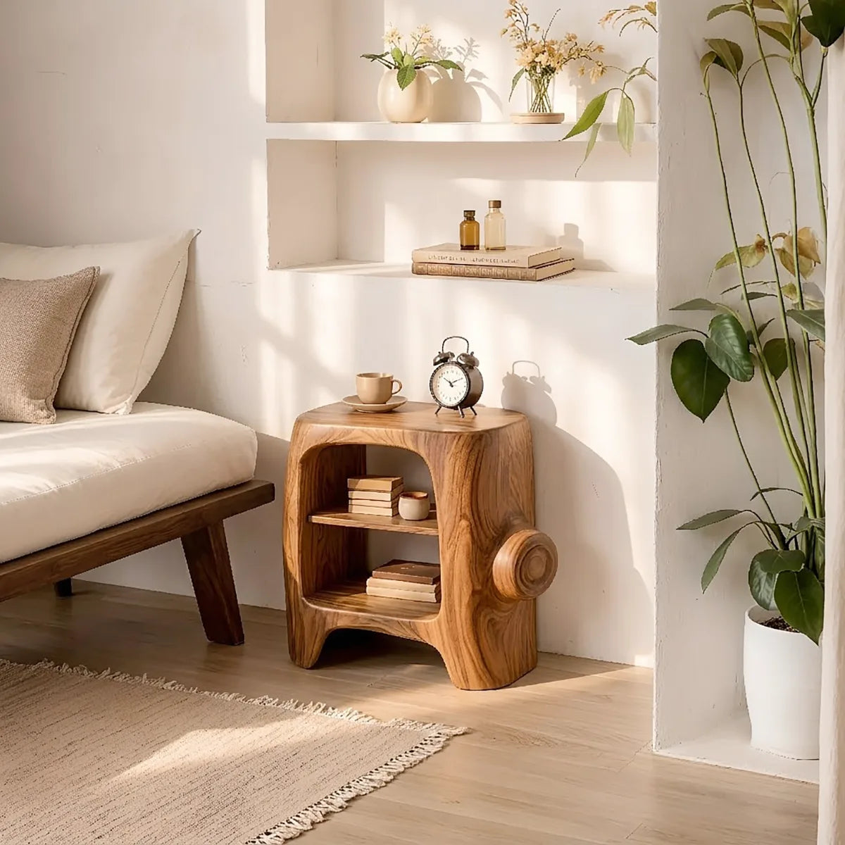 Sculptural Solid Wood Side Table for Cozy Living Rooms, Bedrooms & Minimalist Homes HG021-7055