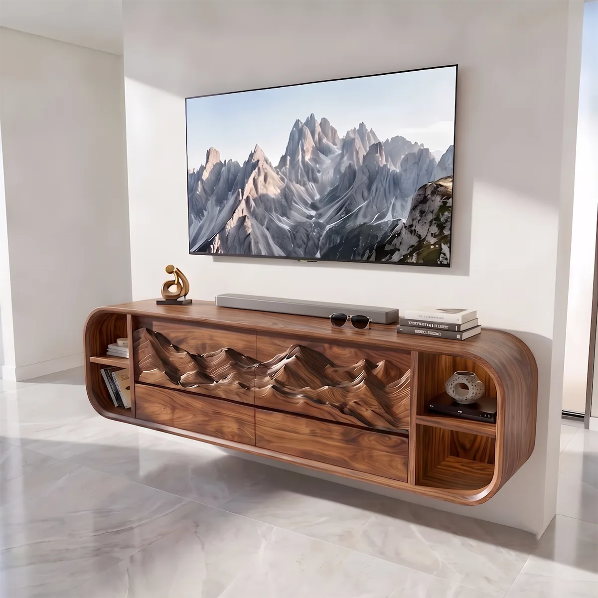 Mountain Relief TV Stand with Rounded Frame and Floating Storage HG021-1LGE7WE