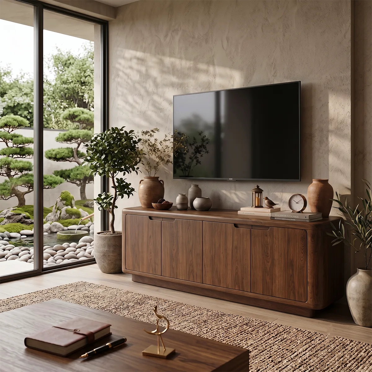 Rounded Wood TV Stand with 4 Doors | Modern Media Console HG021-4STO9LS