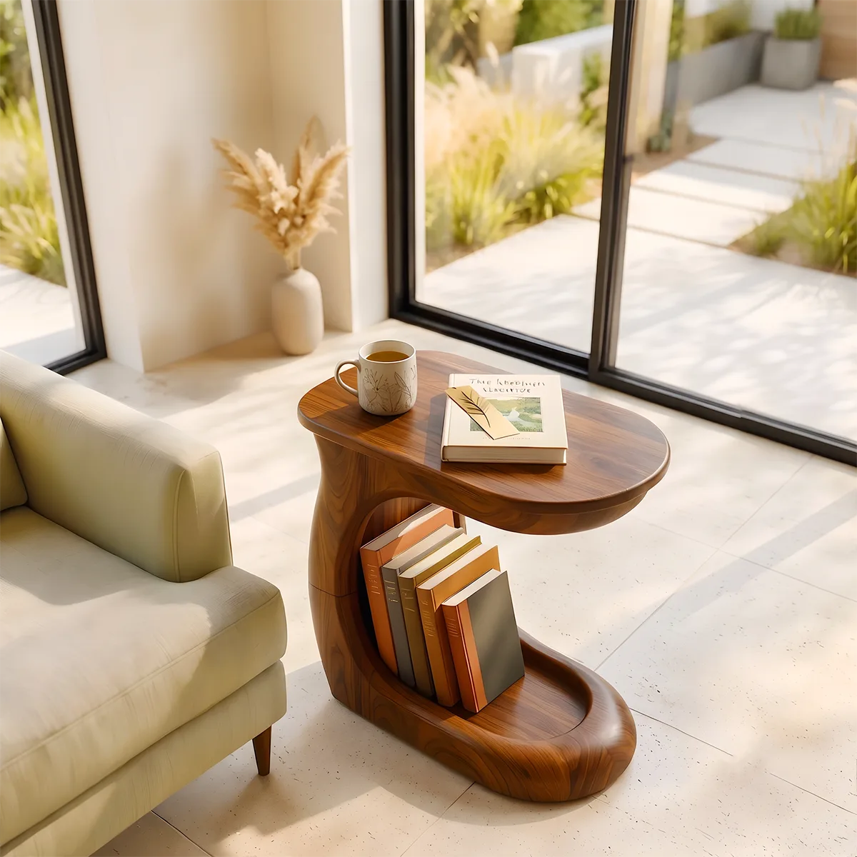 Modern C-Shaped End Table with Book Storage | Sculptural Sofa Side Table for Living Room HG021-7EFE3WW
