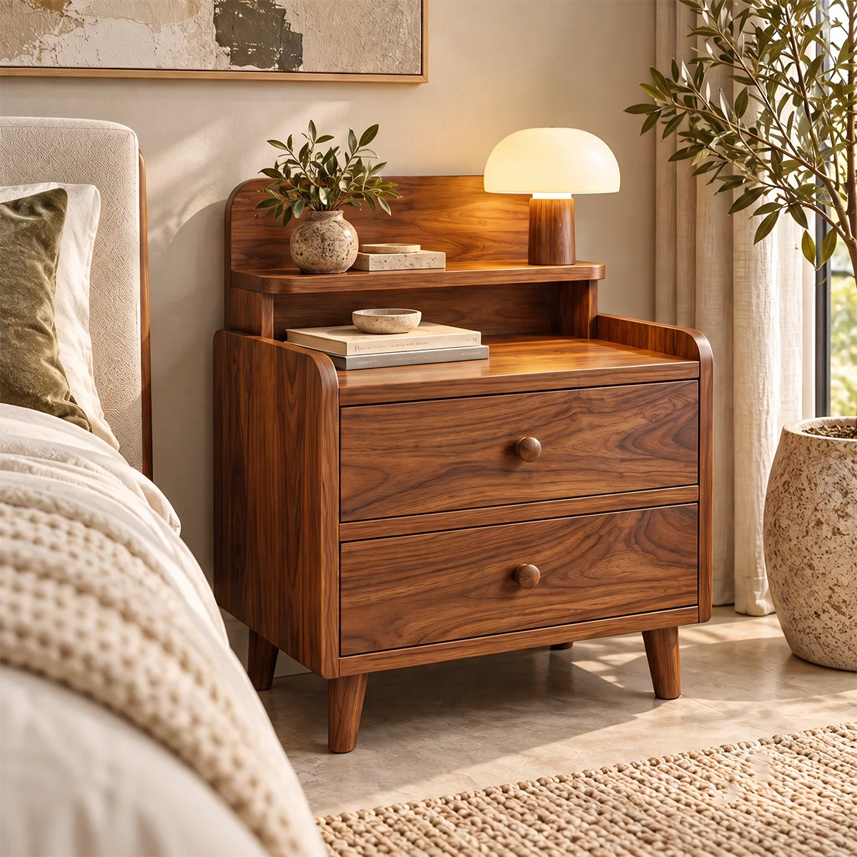 2-Drawer Nightstand with Open Shelf | Mid-Century Bedside Table with Raised Top HG021-8VLX2RD