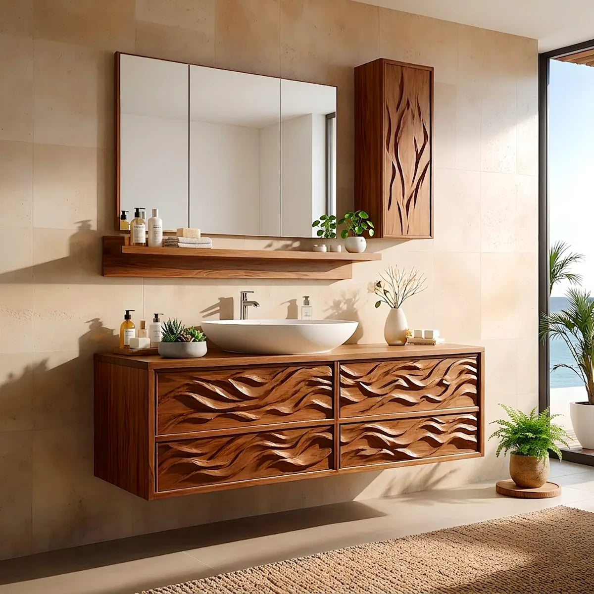 Carved Floating Bathroom Vanity | Sculptural Wall Mounted Bathroom Cabinet HG021-5018