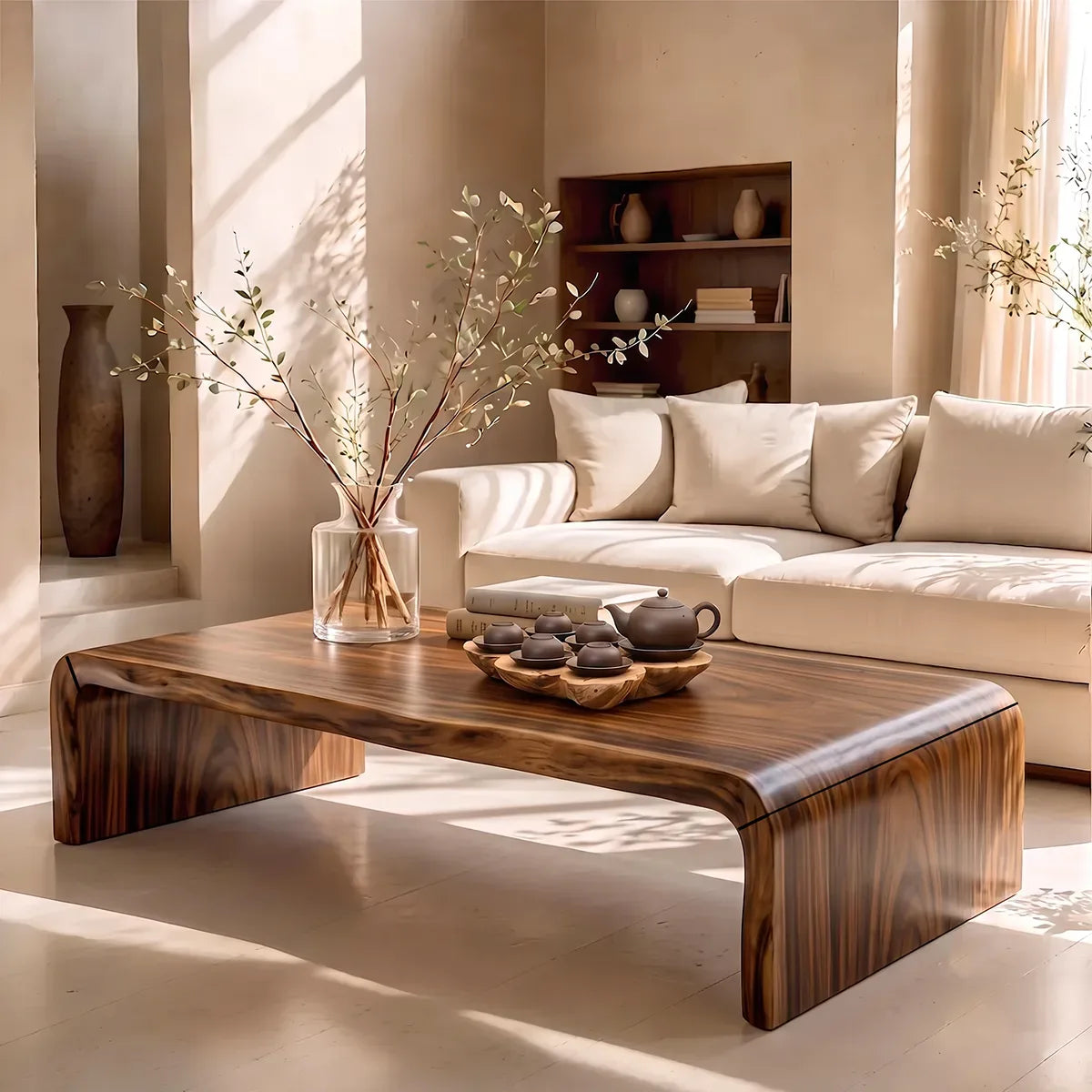 Modern Waterfall Coffee Table with Rounded Corners | Low Profile Center Table HG021-3PQS7ZO