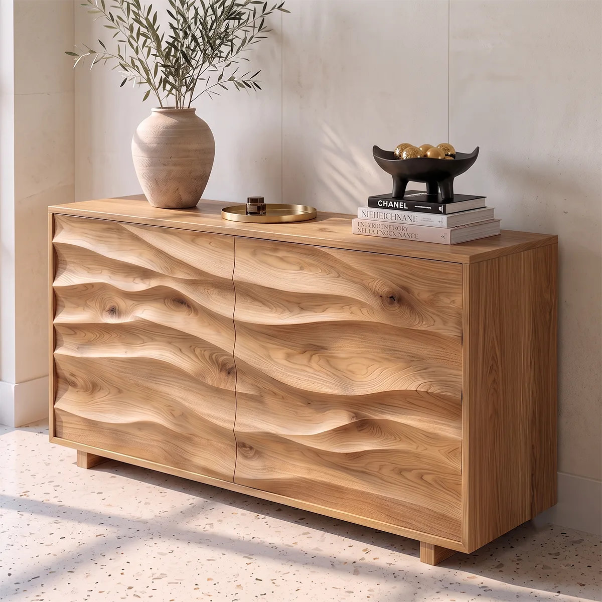 Sculptural Wave Sideboard with Concealed Storage | Modern Carved Front Storage Cabinet HG021-9GTL1HD