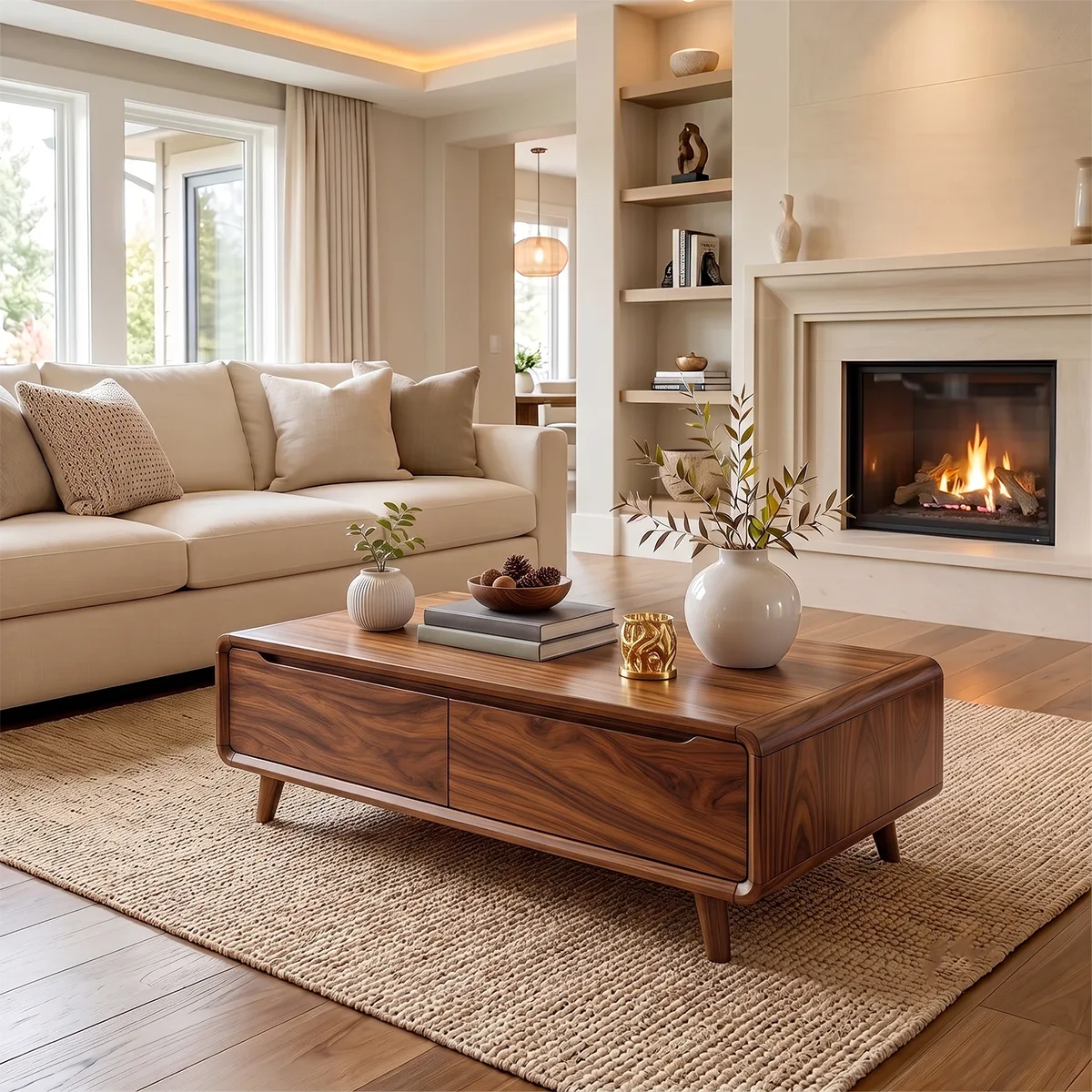 Coffee Table with 2 Storage Drawers | Modern Rounded Rectangular Center Table HG021-8SET4XE