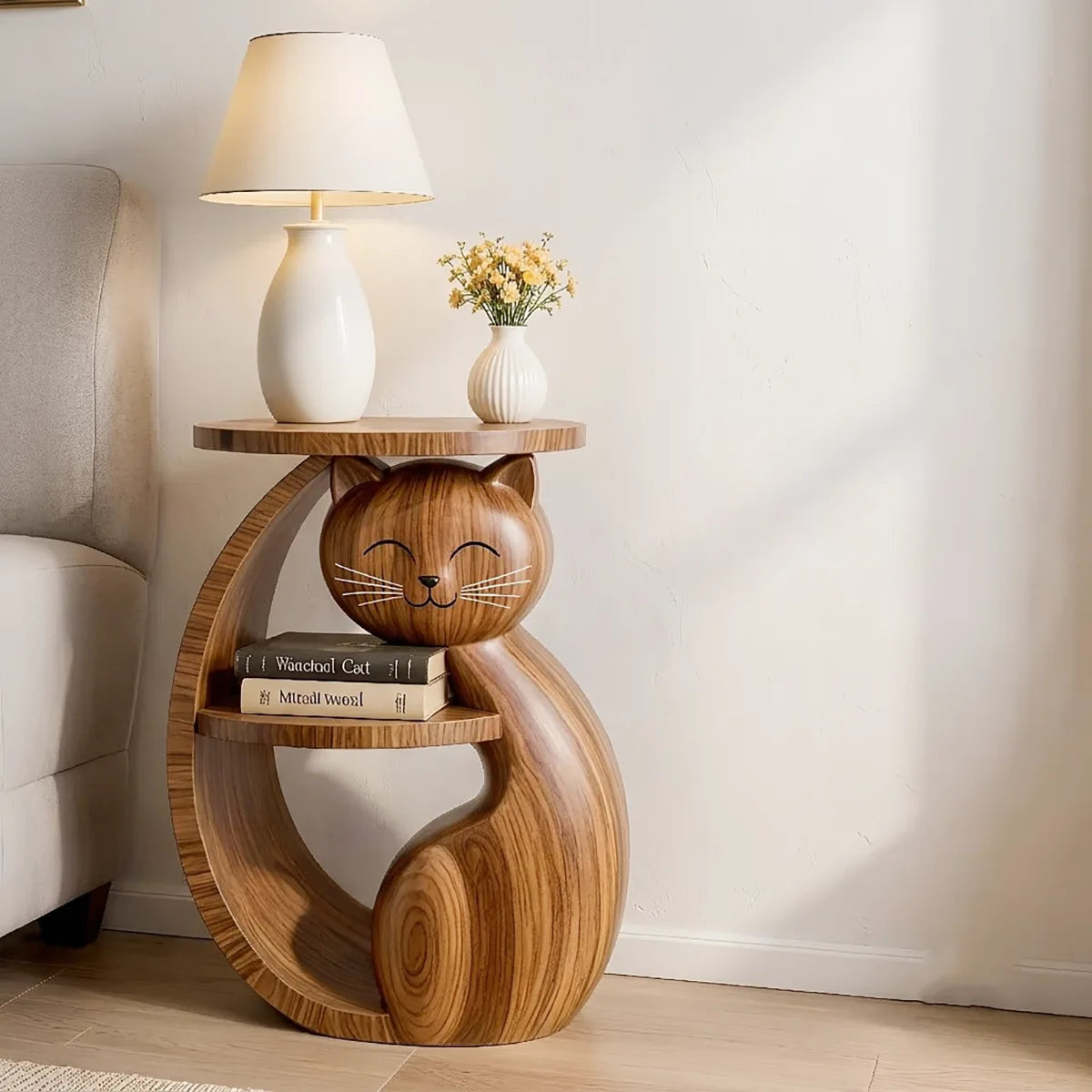 Whimsical Solid Wood Cat Side Table for Living Rooms & Cat Lovers HG021-4574