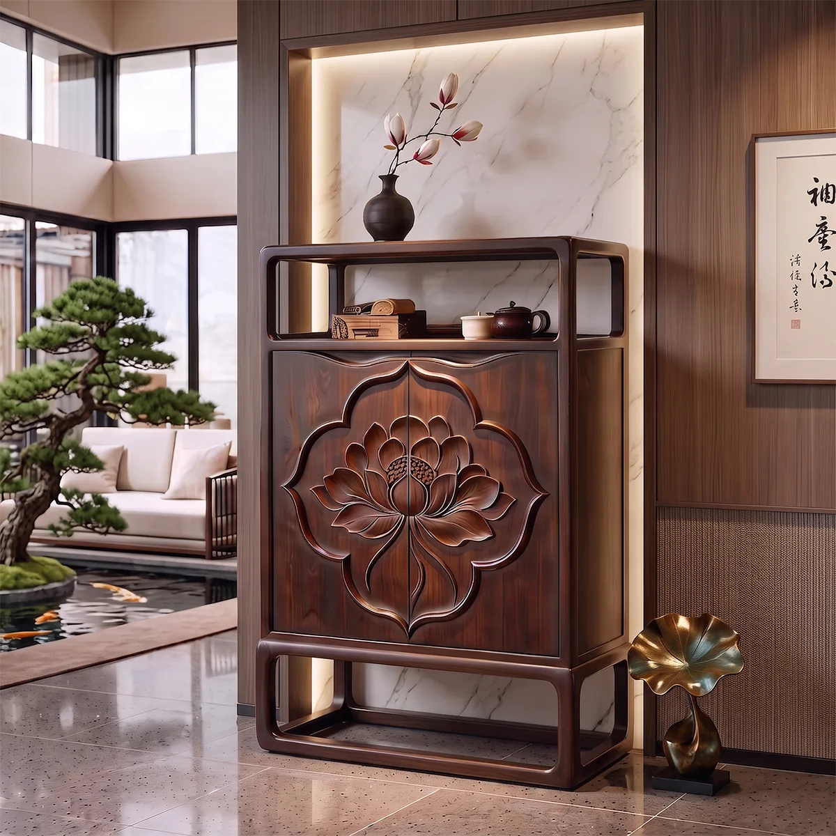 Lotus Carved Sideboard with Open Display Shelf | Sculptural Storage Cabinet HG021-1UIU6MD