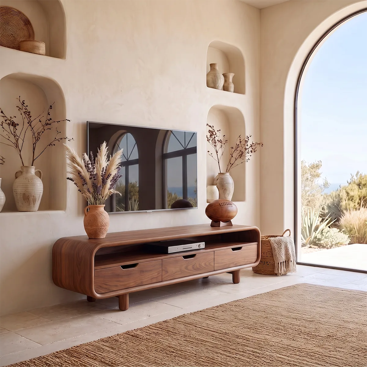 Rounded Wood TV Stand with 3 Drawers | Modern Media Console HG021-6RPM7IQ