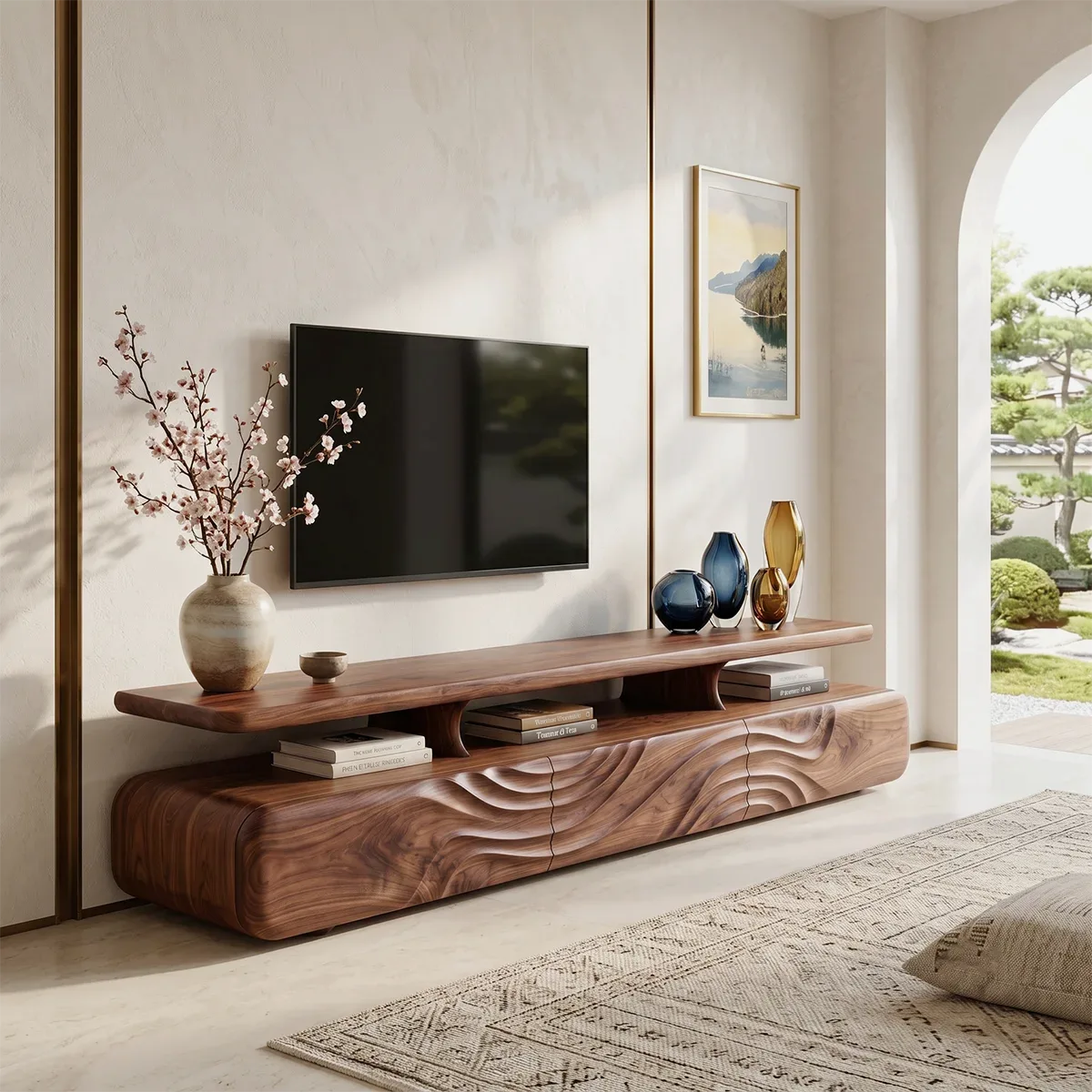 Modern TV Stand with Wave Front Doors | Contemporary Media Console with Open Display Shelf HG021-2DTK5LB