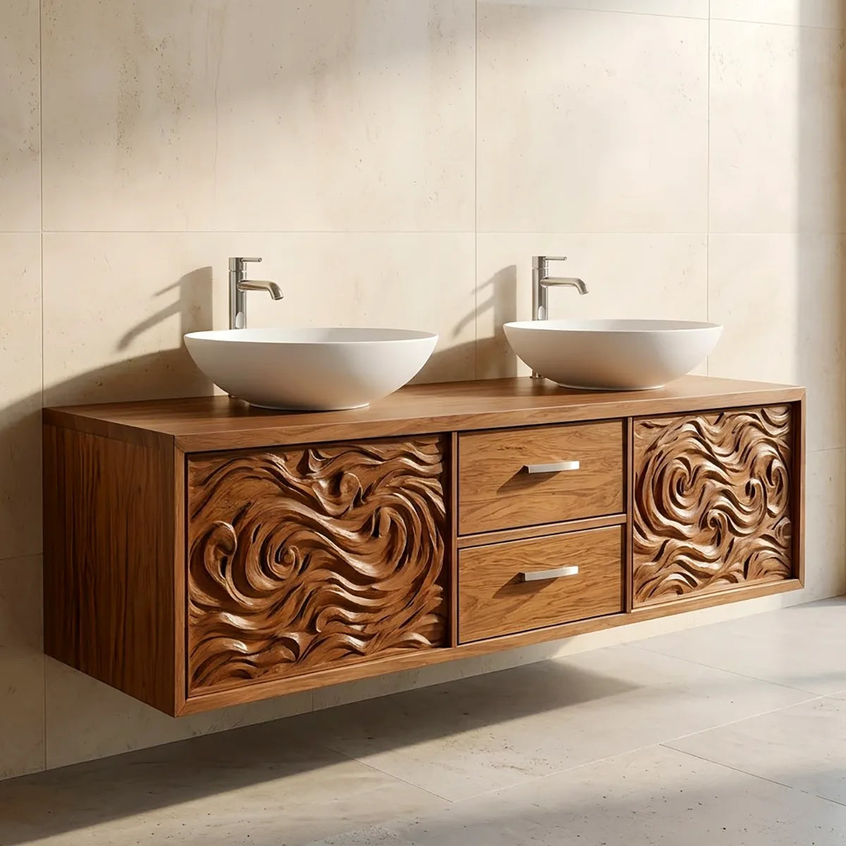 Double Sink Floating Bathroom Vanity | Luxury Carved Bathroom Cabinet HG021-2771