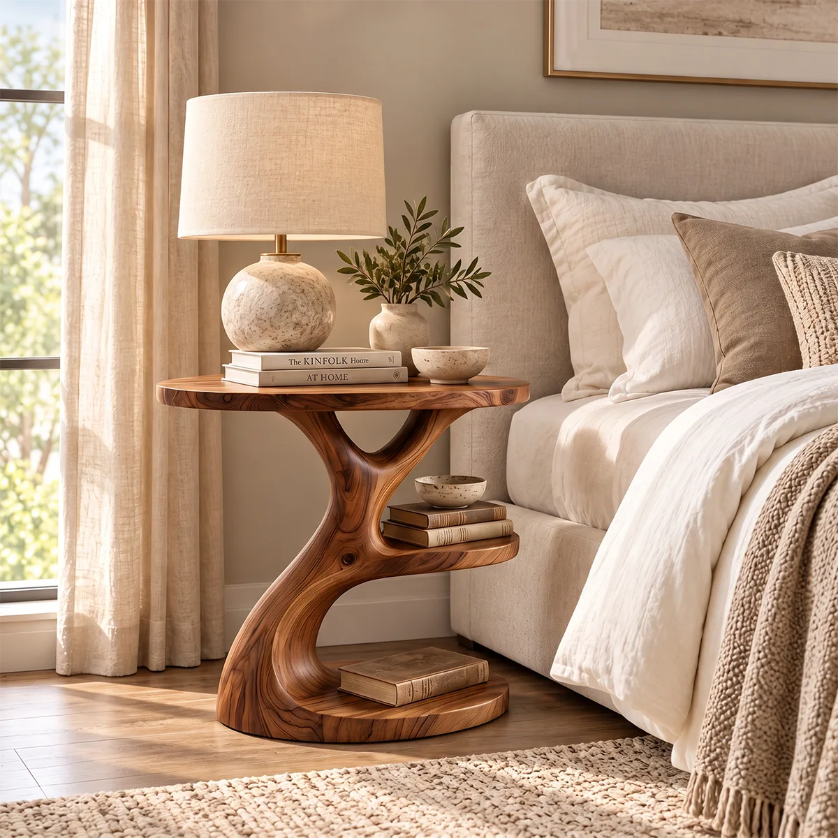 Sculptural Round Nightstand with Open Shelves | Organic Modern Bedside Table HG021-8JBT7TE