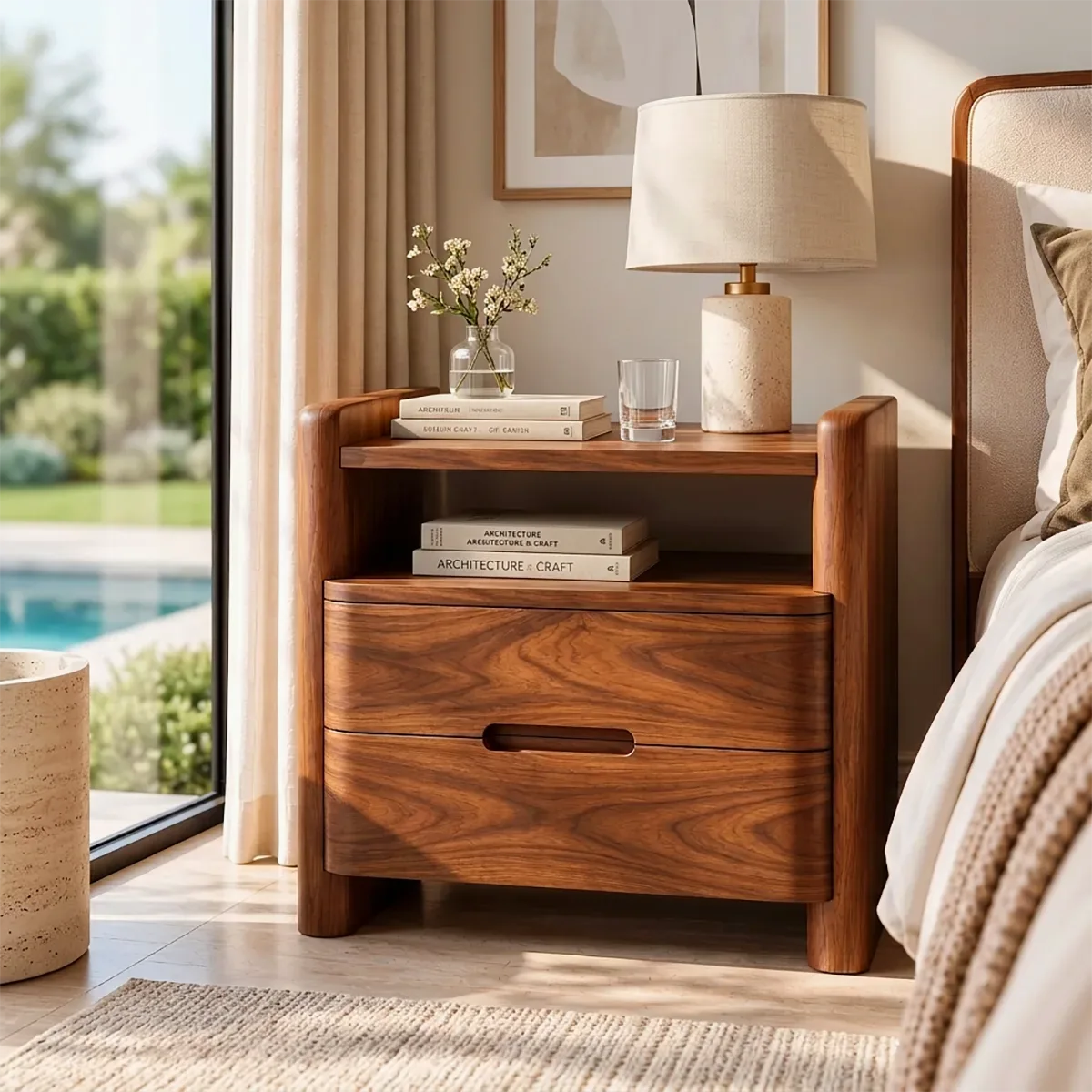 Modern 2-Drawer Nightstand with Open Shelf | Rounded Bedside Table with Recessed Handles HG021-8JCL2CB