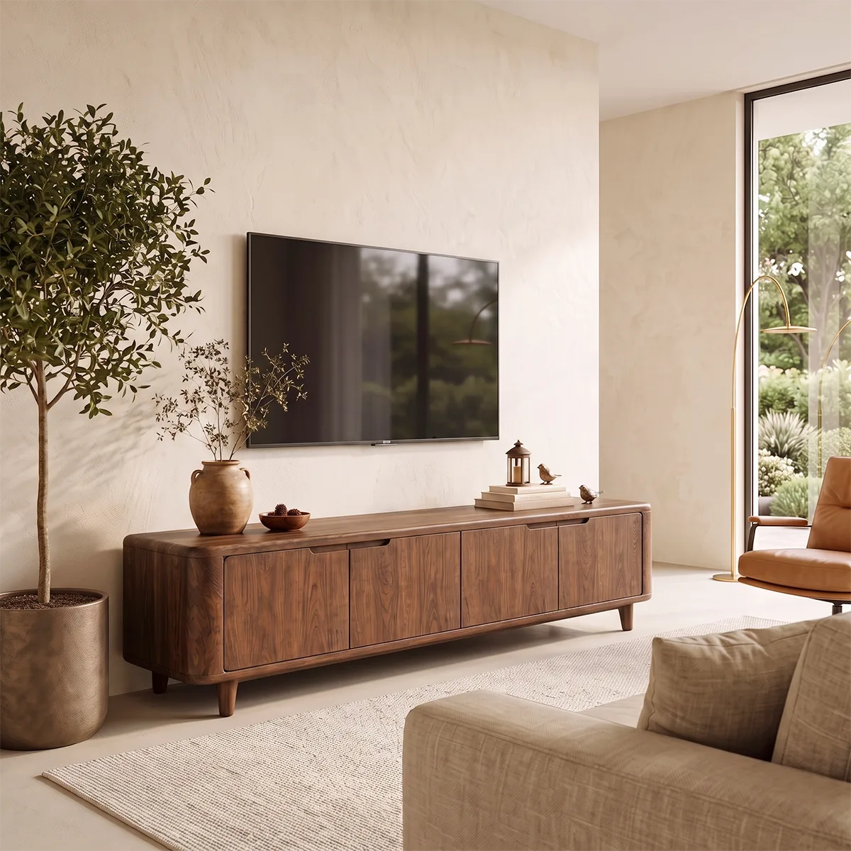 Rounded Wood TV Stand with 4 Doors | Modern Media Console HG021-9PZP1HK