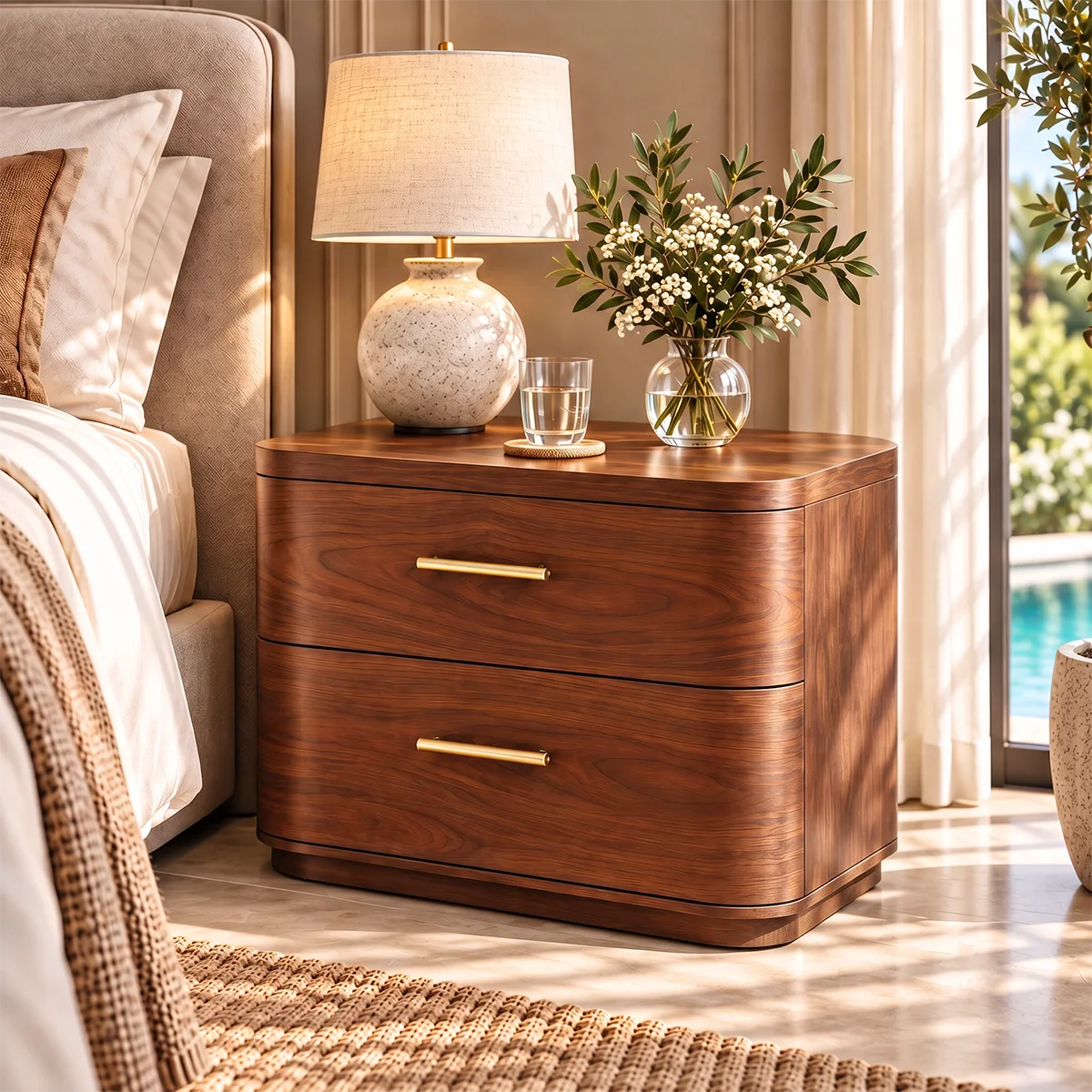 Modern Rounded 2-Drawer Nightstand | Curved Bedside Table with Metal Bar Handles HG021-1SFU3IV