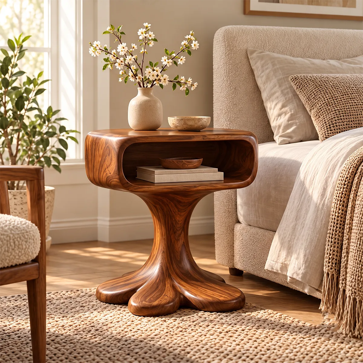 Sculptural Pedestal Nightstand with Open Shelf | Organic Modern Bedside Table HG021-9PAX4MM
