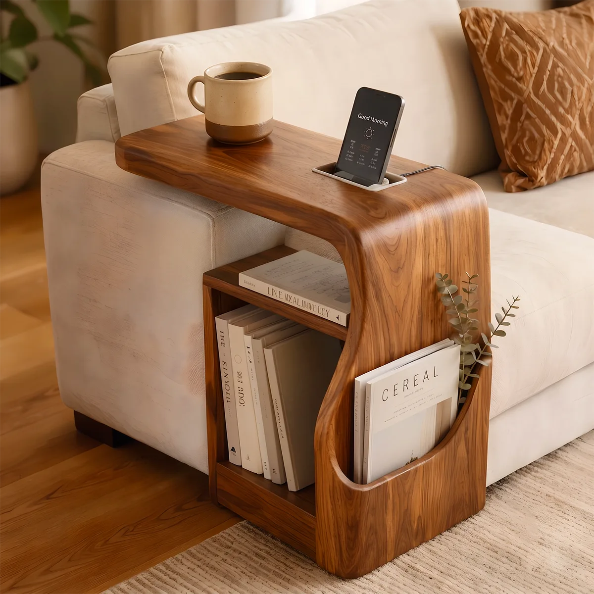 Modern Sofa End Table with Magazine Holder | C-Shaped Accent Table for Living Room HG021-3XHS8CE