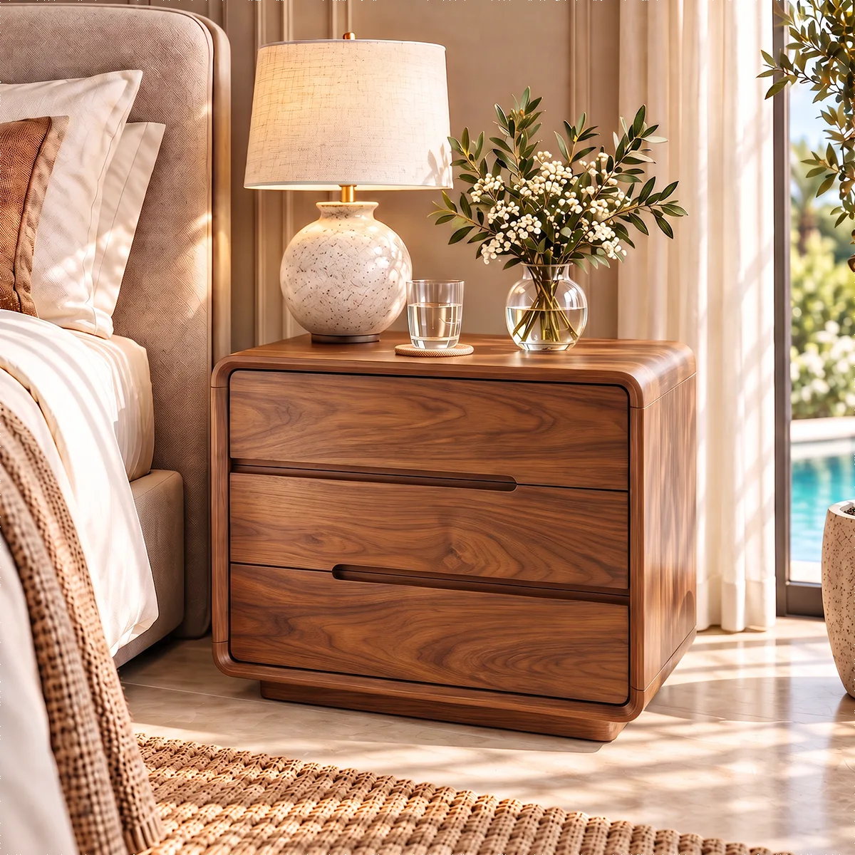 Modern 3-Drawer Nightstand | Rounded Corner Bedside Table with Recessed Handles HG021-1BHP5HK