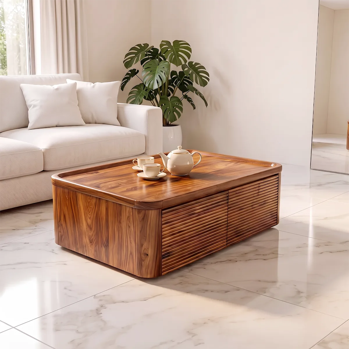 Fluted Coffee Table with 2 Storage Drawers | Modern Rectangular Center Table HG021-5QVK8NI
