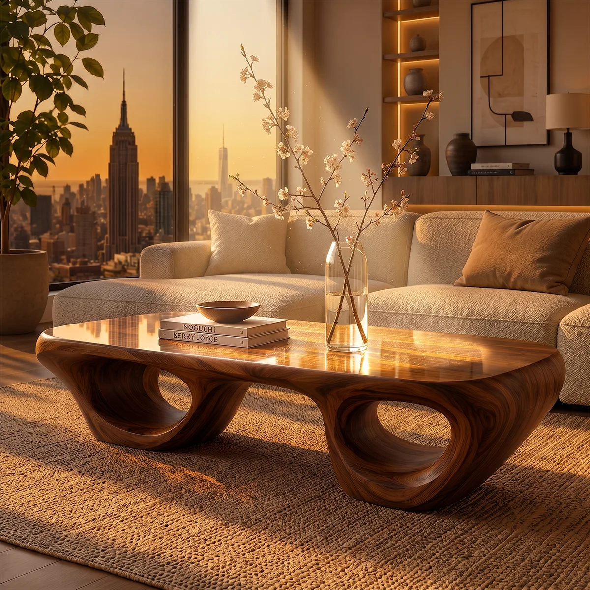 Sculptural Wood Coffee Table with Hollow Loop Base | Organic Modern Rectangular Center Table HG021-2FVS9KF