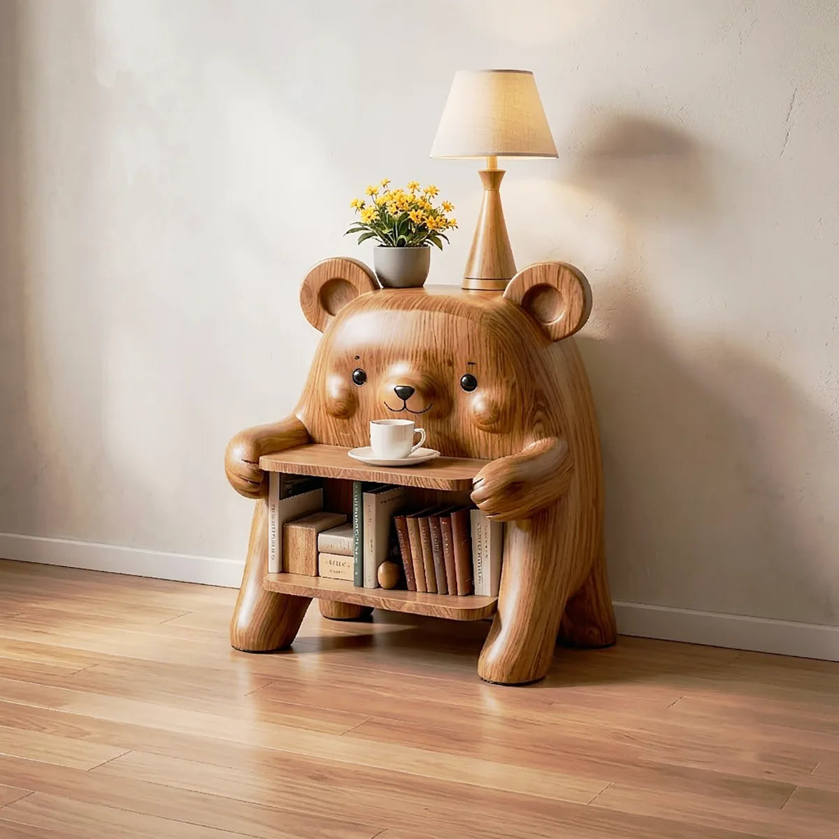 Whimsical Solid Wood Bear Side Table with Bookshelf for Kids’ Rooms & Cozy Homes HG021-4308