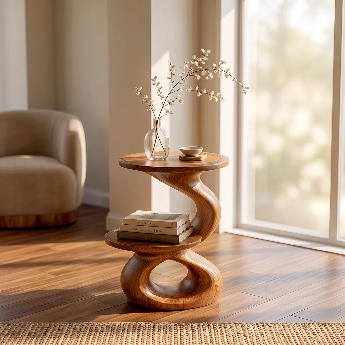 Modern Sculptural Round End Table with Display Shelf | Contemporary Accent Side Table HG021-8NBN5EM