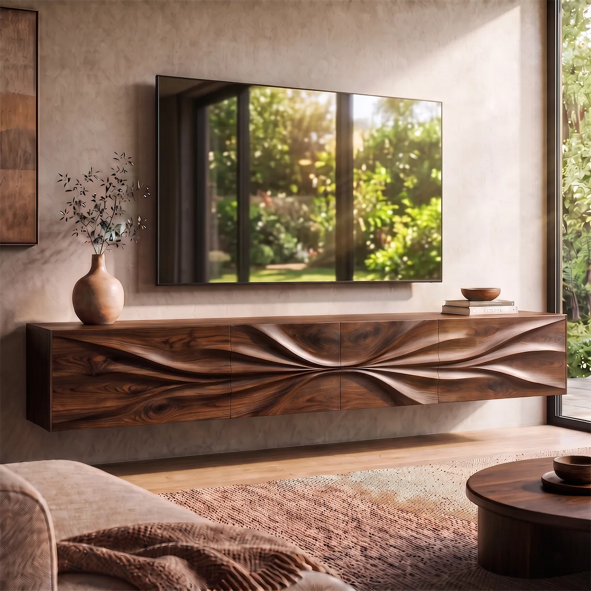 Floating Wood TV Stand with Sculpted Wave Front | Carved Media Console HG021-6VHU4ZT