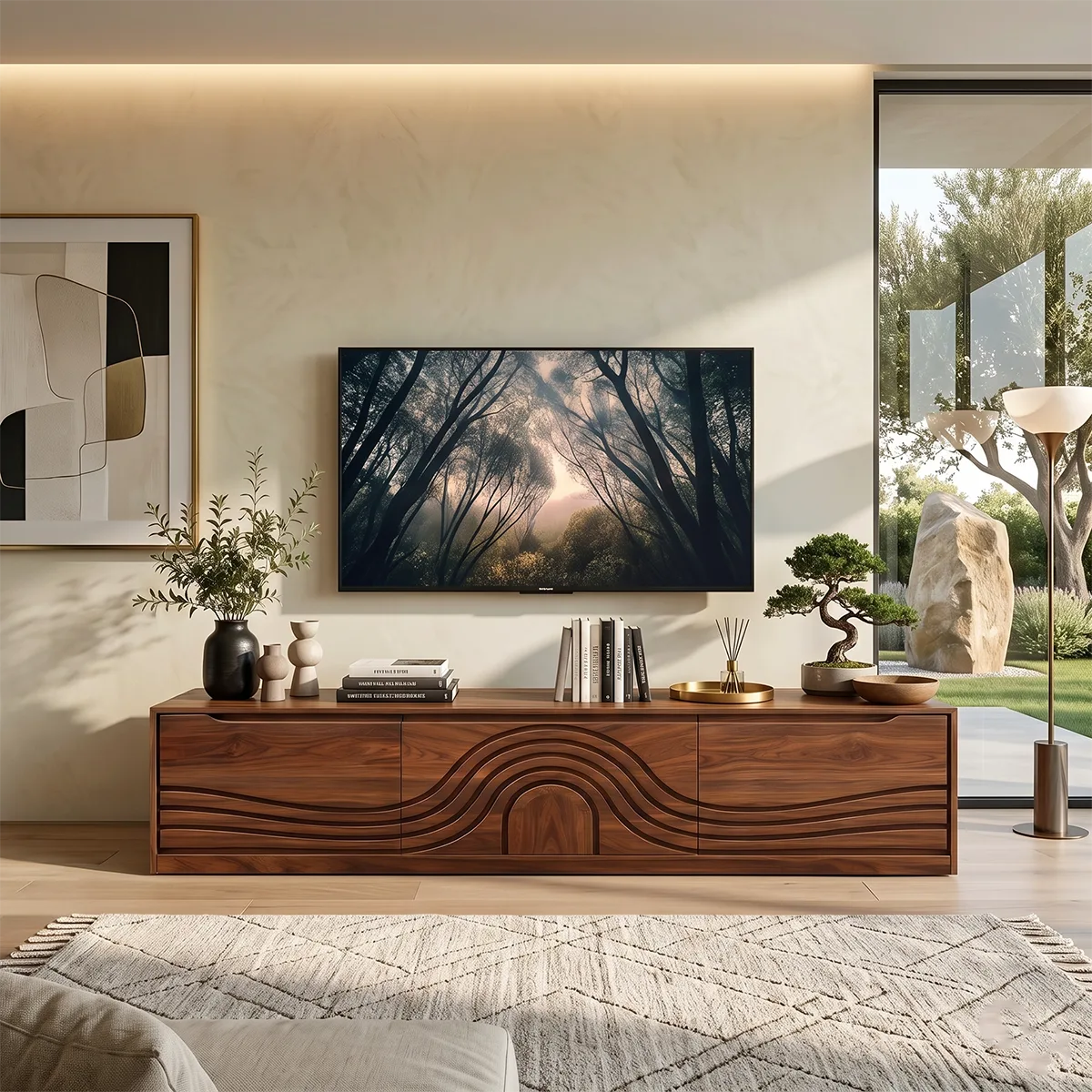 Wave Carved Wood TV Stand | Modern Low Profile Media Console HG021-2WFD3JN