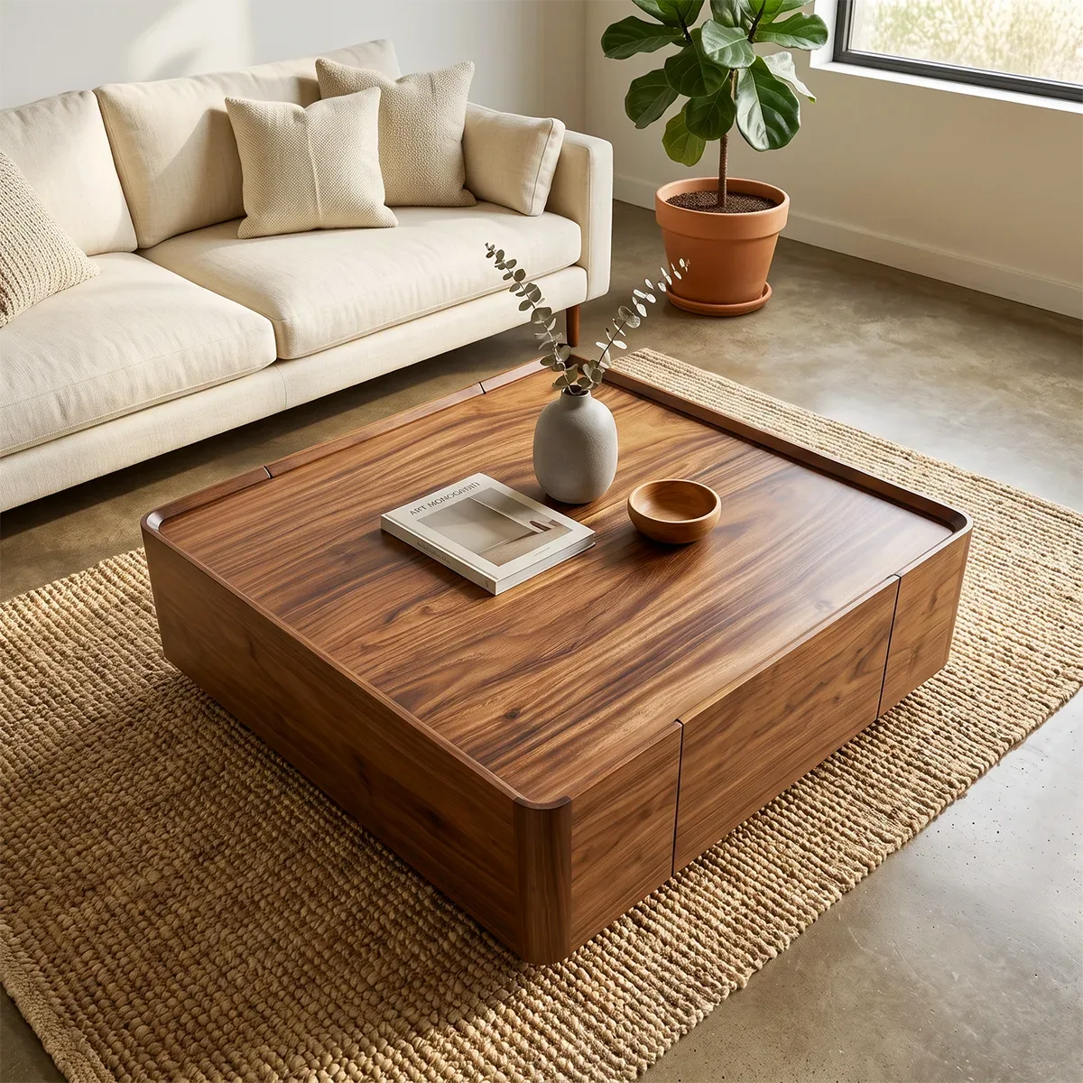 Square Coffee Table with Hidden Storage Drawer | Modern Low Profile Center Table HG021-5UQU1VD