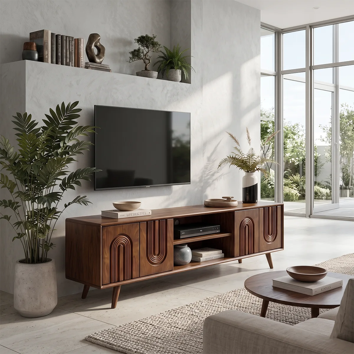 Fluted Arch Wood TV Stand with Open Shelves | Scultural Media Console HG021-8ITG9SJ