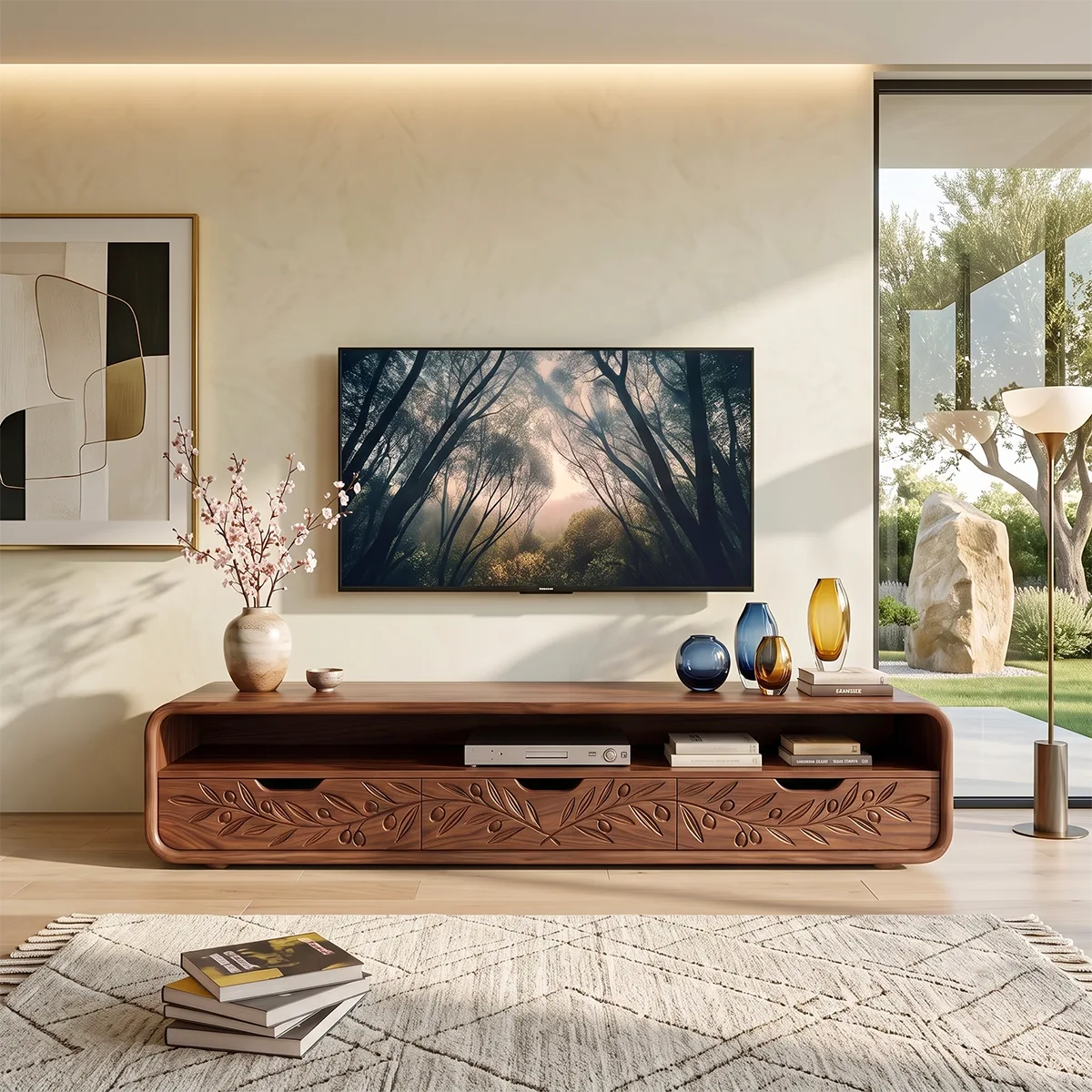 Botanical Carved Wood TV Stand with Storage | Elegant Media Console HG021-5BGB8ID