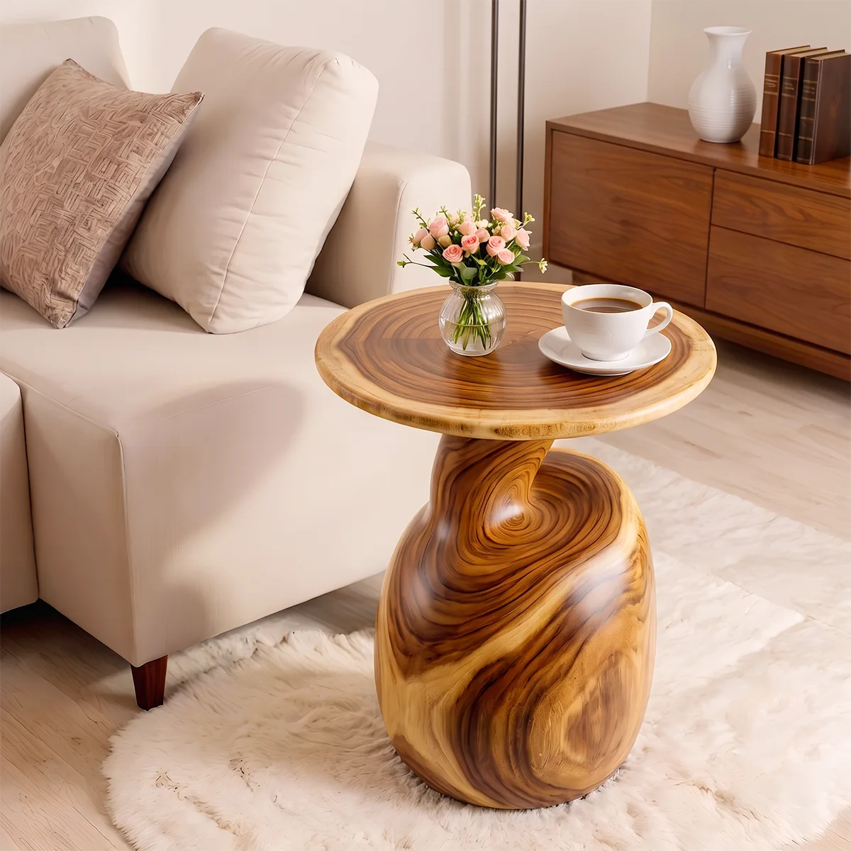Modern Round End Table | Sculptural Swirl Pedestal Accent Table HG021-3645