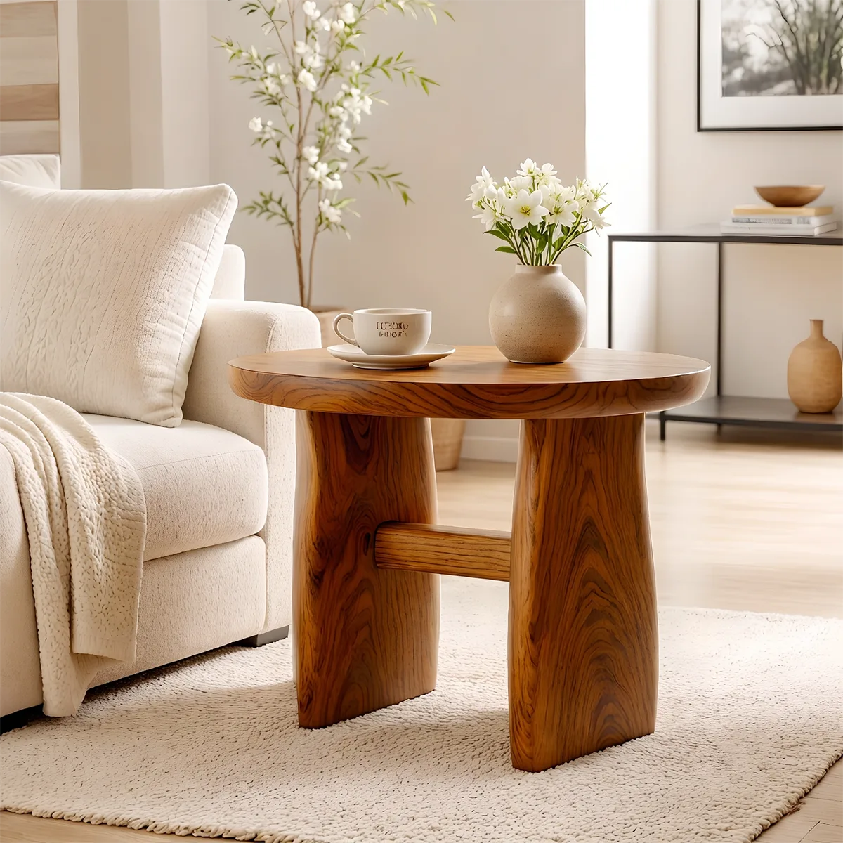 Modern Round End Table | Sculptural Dual-Pedestal Side Table HG021-7122