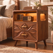 Sculptural Floral 2-Drawer Nightstand with Open Shelf | Carved Modern Bedside Table HG021-5NTU5QO
