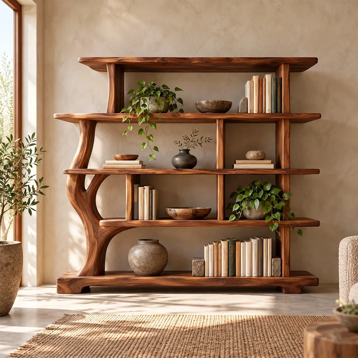 Tree-Inspired Sculptural Bookshelf | Organic Modern Open Bookcase with Asymmetrical Shelves HG021-5HPG6UX
