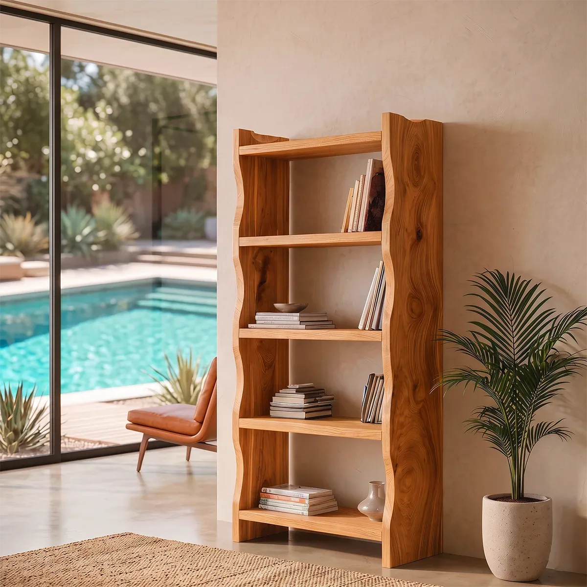 Wavy Edge Tall Bookshelf | Organic Modern Open Bookcase with Sculptural Side Panels HG021-6BUJ7AP